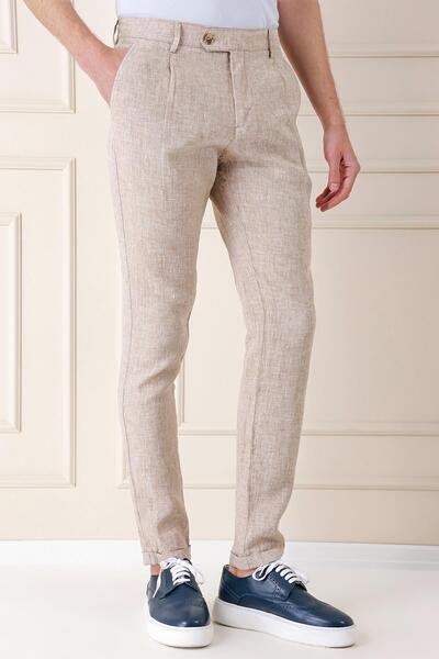 Efor Comfort Fit Beli Lastikli Pileli Keten Casual Bej Pantolon P 1145
