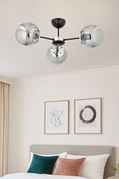 ESSLİGHT Güneş 3 Lü Plafonyer Avize Füme Glob Camlı Salon Yatak Odası Mutfak