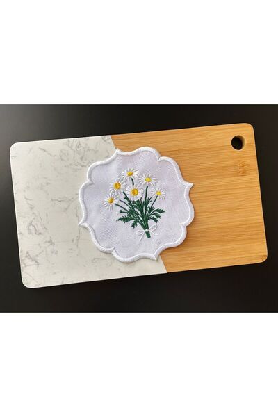 ELFİDA Luxury Embroidered Cocktail Coffee Serving Tray Napkin Mini Placemat Runner - Daisy Bouquet (2 Pcs)
