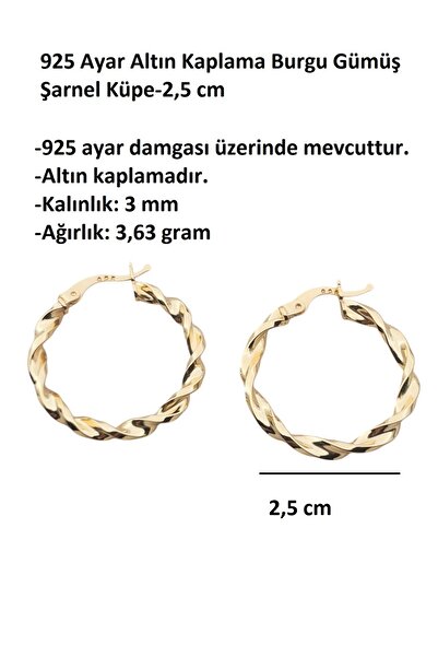 Siya Silver 925 Ayar Altın Kaplama Burgu Gümüş Şarnel Küpe-2,5 Cm