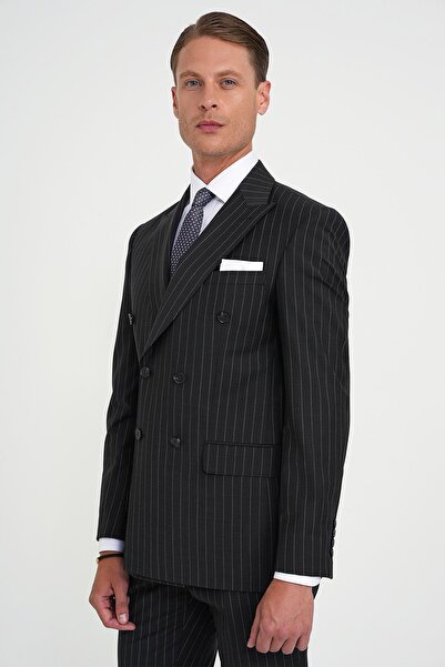 Efor Slim Fit Çift Yırtmaç Çizgili Kruvaze Klasik Antrasit Takım Elbise Tk 925
