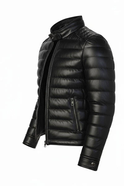CIVILTIPOLO Erkek Siyah Slim Fit İçi Kalın Kürklü Su İtici Şişme Deri Ceket & Mont