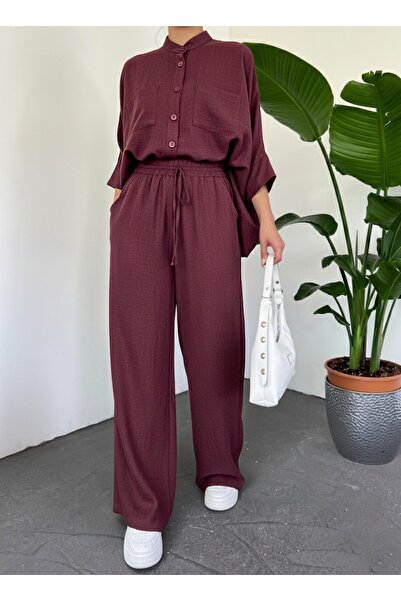 Modamorfo Double Pocket Half Bat Sleeve Loose Shirt Set - Burgundy