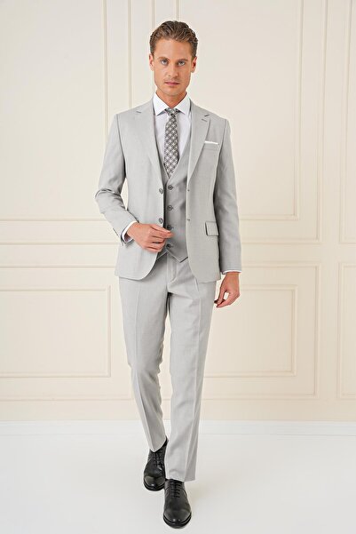Efor Slim Fit Dokulu Çift Yırtmaç Yelekli Klasik Gri Takım Elbise Tk 898