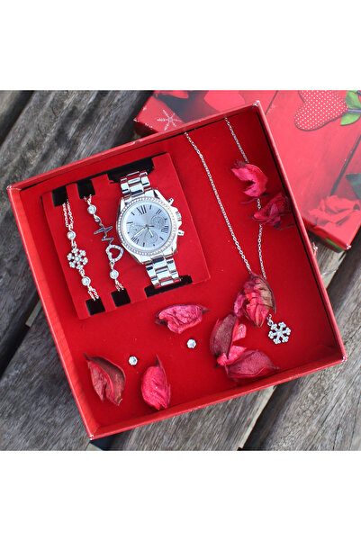 saat&istasyonu Gümüş Renk Kadın Saat Bileklik Küpe Kolye Seti Çelik Kordon