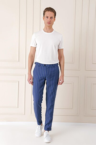 Efor Comfort Fit Yandan Tokalı Çizgili Keten Casual İndigo Pantolon P 1151