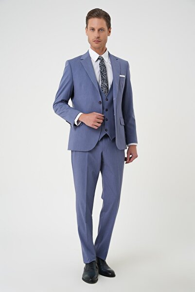 Efor Slim Fit Esnek Çift Yırtmaç Yelekli Düz Klasik Havacı Mavi Takım Elbise Tk 901