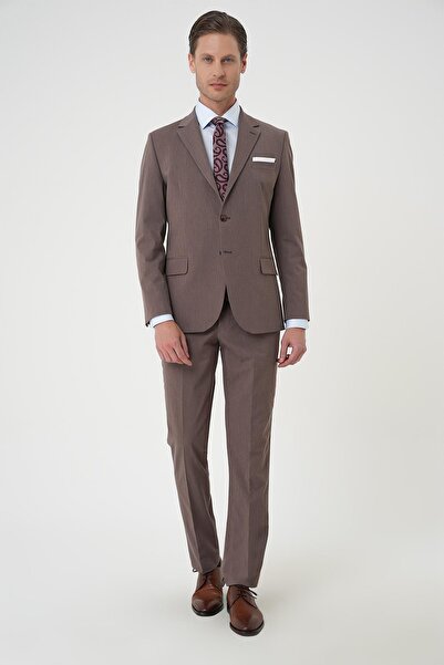 Efor Slim Fit Esnek Çift Yırtmaç Yelekli Düz Klasik Vizon Takım Elbise Tk 901