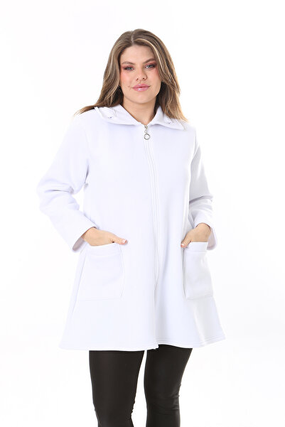 Şans Women's Large Size White Inside Ribbed Front Zipper 3 Thread Jacket 65N37788