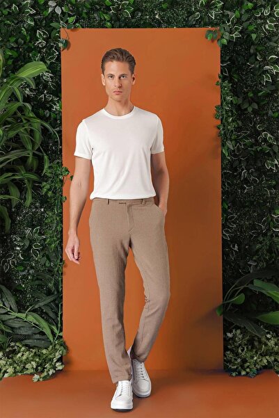 Efor Comfort Fit Beli Lastikli Pötikareli Casual Bej Pantolon P 1149