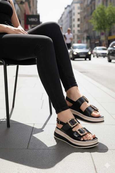 Roza 319 - Sandale ortopedice cu toc cu pană cu cataramă dublă