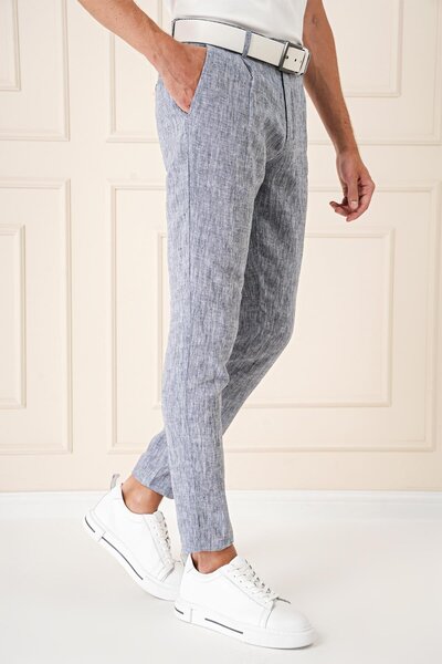 Efor Comfort Fit Beli Lastikli Pileli Keten Casual Lacivert Pantolon P 1145