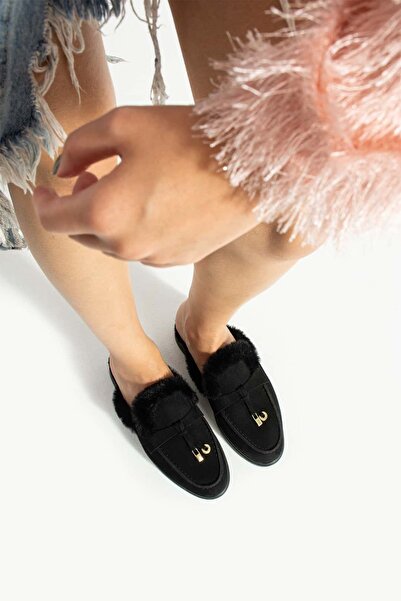 diclepolat Γυναικείες μαύρες σουέτ παντόφλες slip-on loafer Pufi