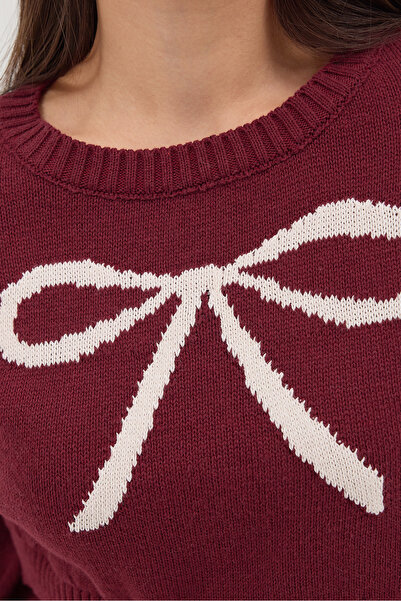 Addax Crew Neck Bow Pattern Crop Knitwear Sweater K3411-A11