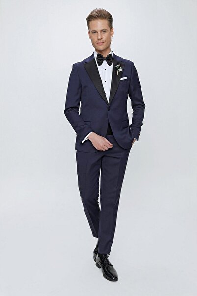Efor Black 062 Slim Fit Çıkarılabilir Saten Yaka Lacivert Damatlık Smokin Takım