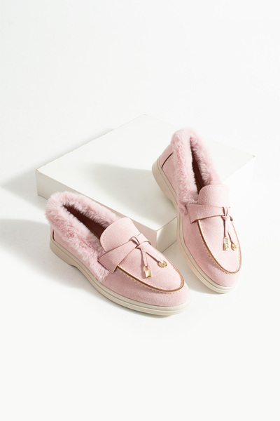 diclepolat Kadın Pudra Loafer Peluş Tüylü Rahat Süet Ayakkabı Puffy