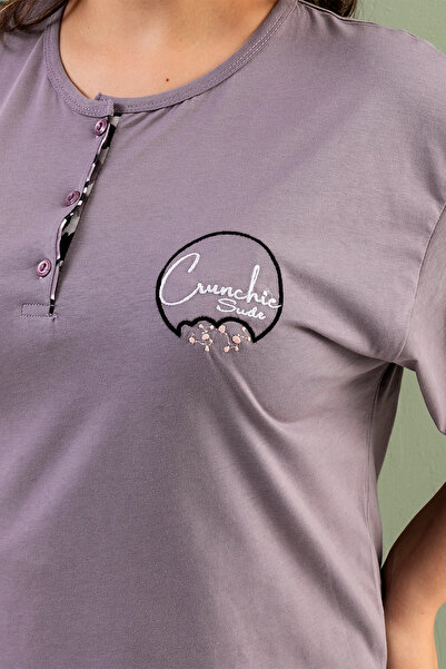 nisaNCa 100% pamut nagy méretű rövid ujjú női pizsama szett- lila leopárd mintás elegáns pizsama szett