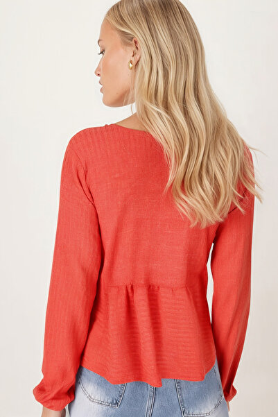 armonika Women's Orange V-Neck Soft Textured Tie-Front Knit Cardigan with Elasticated Sleeves Arm-26K001010