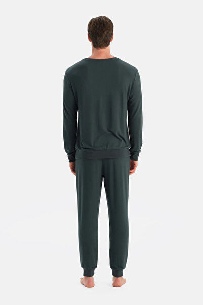 Eros Σετ πιτζάμες με μακρυμάνικο μπλουζάκι με λεπτομέρεια ραφής και ταινίας σε σκούρο πράσινο χρώμα