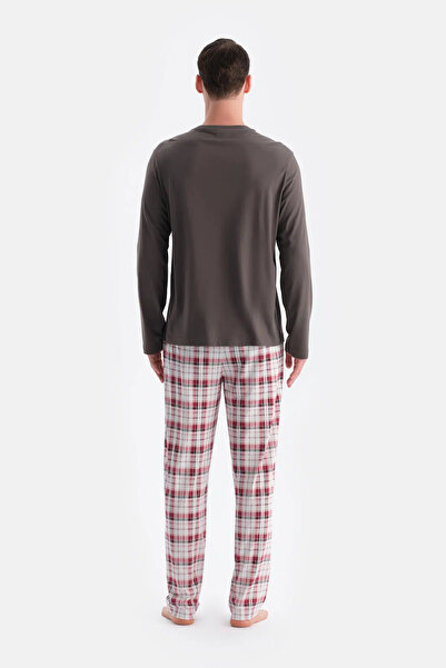 Eros Füme Uzun Kollu Altı Ekoseli Tişört Pantolon Takım