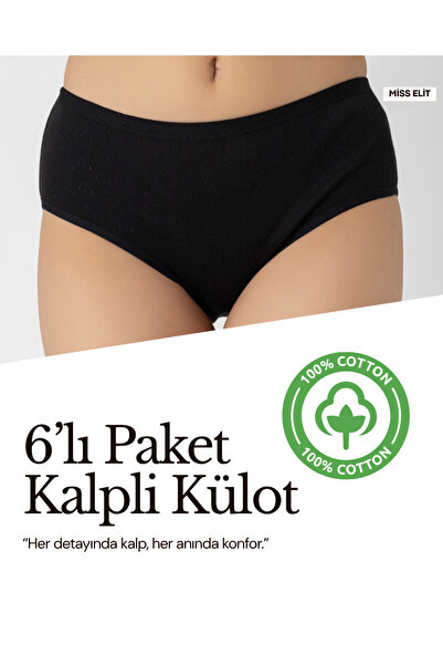 Miss Elit Kadın Yüksek Bel %100 Pamuk 6'lı Siyah Kalpli Külot