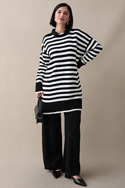 InStyle Shirt Collar Striped Black Knitwear Set