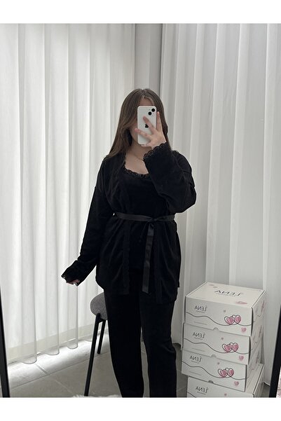 Lena Homewears Női pizsama szett fekete bársony pongyolával