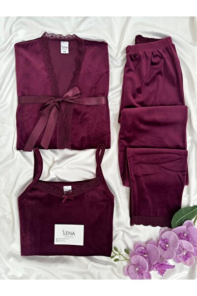 Lena Homewears Mürdüm Kadife Sabahlıklı Kadın Pijama Takımı