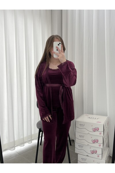 Lena Homewears Mürdüm Kadife Sabahlıklı Kadın Pijama Takımı