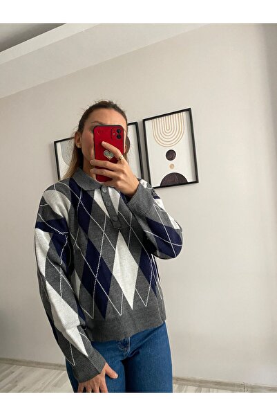 Askı Nişantaşı Navy Blue - Gray Polo Neck Three Button Diamond Patterned Knitwear