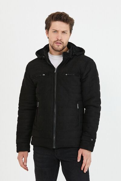 Mero Life Ανδρικό παλτό σουέντ με κουκούλα σε μαύρο λεπτή εφαρμογή