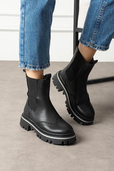 ShoeTek Maureen Women's Boots&Bootie Front Patterned Side Elastic Black Leather