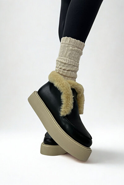 inizio Μαύρα δερμάτινα γούνινα γυναικεία μποτάκια V4266