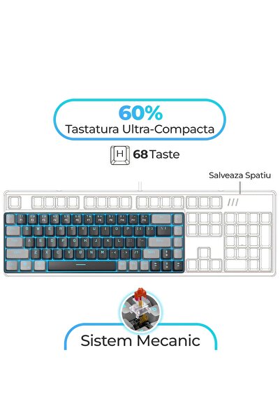 Timebox Tastatură mecanică de gaming, 60%, lumini LED, 68 de taste, cu cablu Type-C, comutator roșu, portabilă, neagră