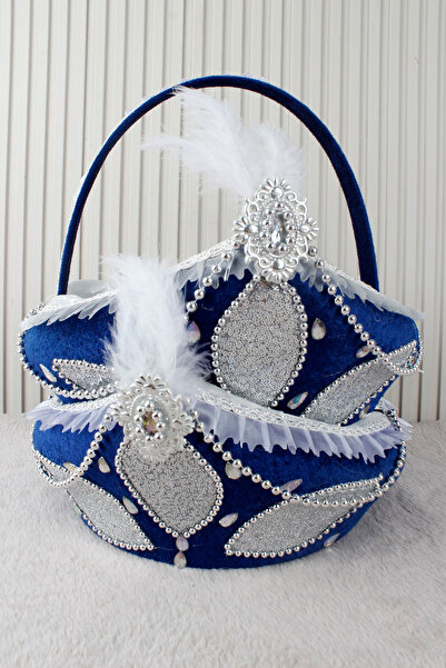 Mortex Lacivert-Gümüş Sünnet Sepeti Ve Sünnet Tepsisi, Bebek Çocuk Mevlüt Düğ...