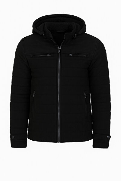 Mero Life Ανδρικό παλτό σουέντ με κουκούλα σε μαύρο λεπτή εφαρμογή