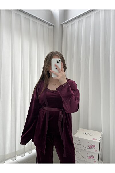 Lena Homewears Mürdüm Kadife Sabahlıklı Kadın Pijama Takımı