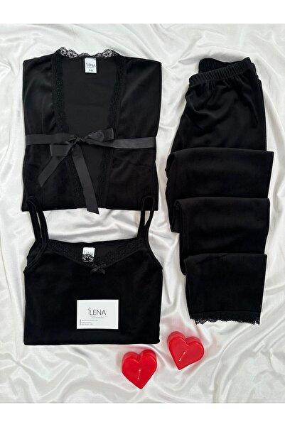 Lena Homewears Női pizsama szett fekete bársony pongyolával