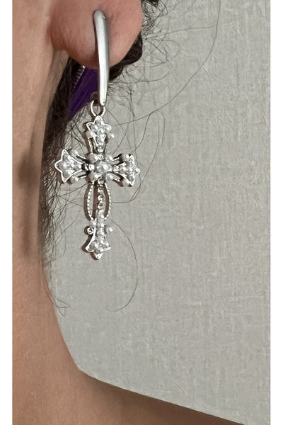 tones official Çelik Tepeli Gümüş Kaplamalı Haç Küpe