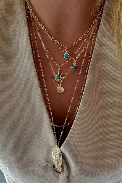Trendy Butik Firuze Taşlı ve Zincir Model Çoklu Kolye Kombini