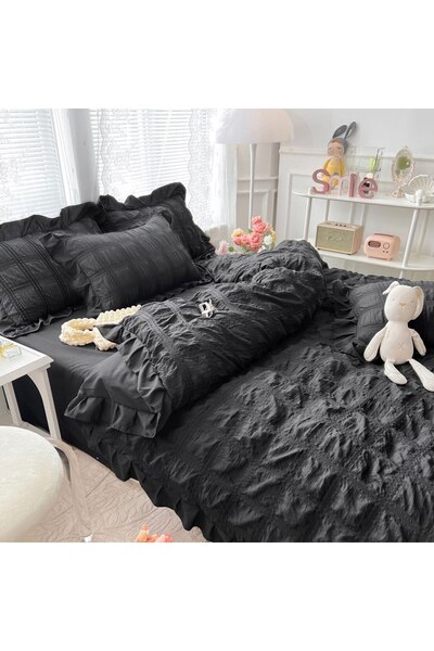 JOJO HOME Lenjerie creponata de pat dublu, finet, 6 piese, CRP-19, negru, 230 x 250