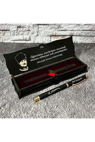 Sanat Hediyelik Öğretmenler Gününe Özel Metal Roller Kalem İsimli + Ahşap kutu / Öğretmen / 24 Kasım / Atatürk