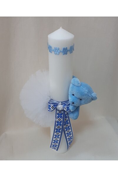 OEM Set Botez Lumânare lungime 35 cm și Canta 0.5 l ornate cu tull, ursulet si banda pe albastru și alb