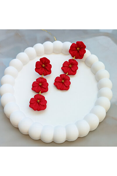 Atölye Myth Red Love El Yapımı Kırmızı Sallantılı Çiçek Küpe - Zarif ve Şık