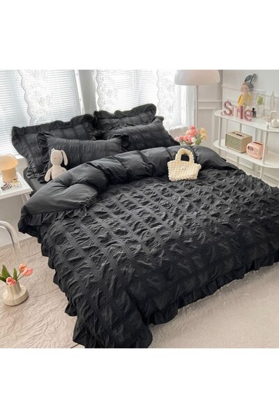 JOJO HOME Lenjerie creponata de pat dublu, finet, 6 piese, CRP-19, negru, 230 x 250