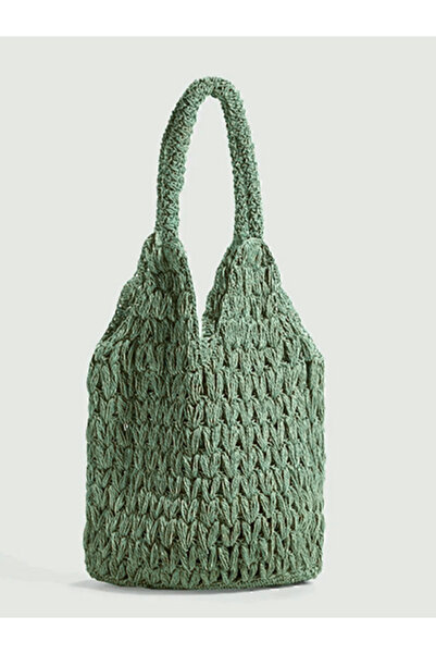 TOM SHOP Çağla Yeşili Renk El Yapımı Kağıt Ip Örgü Günlük Omuz Çantası-delikli Torba Çanta|yazlık