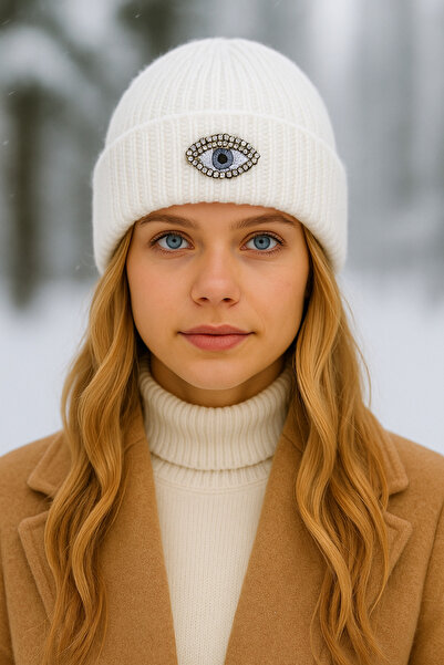 byebruketenci Beyaz Krem Yünlü Göz Bere Kristal Boncuk Detaylı Şapka Yılbaşı ...