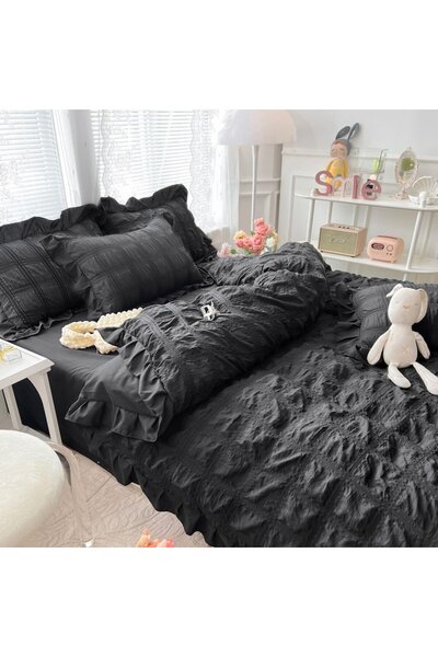 JOJO HOME Lenjerie creponata de pat dublu, finet, 6 piese, CRP-19, negru, 230 x 250