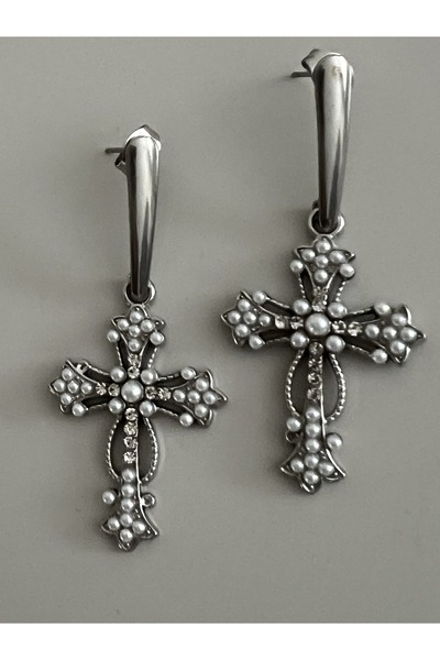 tones official Çelik Tepeli Gümüş Kaplamalı Haç Küpe