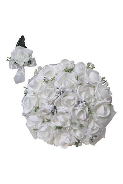 OEM Buchet de Mireasă din trandafiri de latex, albi set cu Floare de Piept pentru Mire